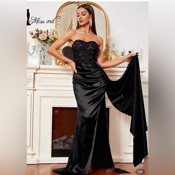 🖤🖤Missord Contrast Sequin Split Thigh Side Draped Formal/Evening Dress🖤SZ L - Picture 4 of 17